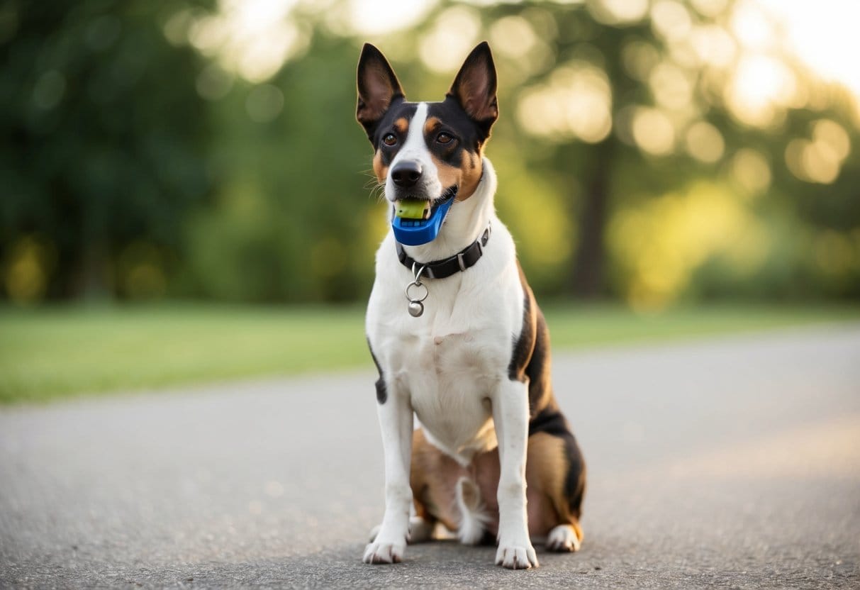 En hund med en fløjte om halsen og en mundkurv over munden der sidder lydigt